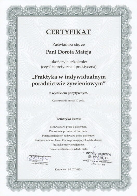 Praktyka w indywidualnym poradnictwie żywieniowym, Instytut Dietetyki, 2013