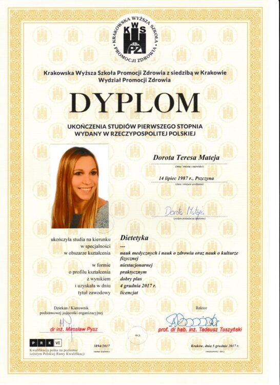 Dyplom ukończenia studiów I stopnia, dietetyka, Kraków 2017