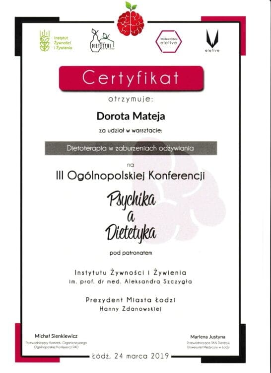 Dietoterapia w zaburzeniach odżywiania, Konferencja Psychika a Dietetyka, 2019