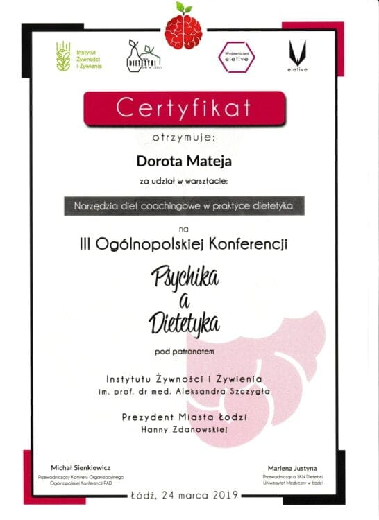 Narzędzia diet coachingowe w praktyce dietetyka, Konferencja Psychika a Dietetyka, 2019