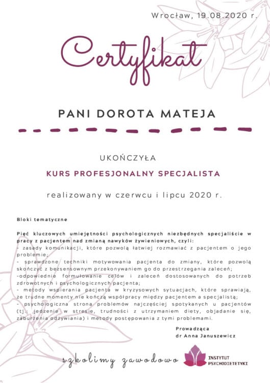 Kurs Profesjonalny Specjalista, Instytut Psychodietetyki, 2020